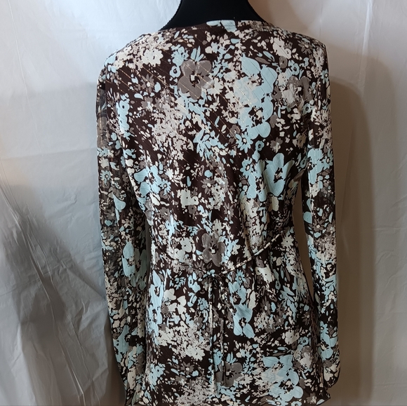 Tailor B. Moss Women's M Brown & Teal Floral Babydoll Style Long-Sleeve Top - Picture 2 of 8